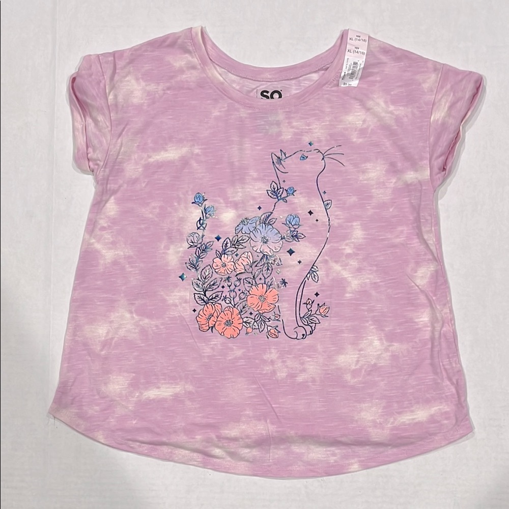SO NWT GIRLS GRPHIC PINK SHORT SLEEVES TEE.       SIZE. XL. (14-16)